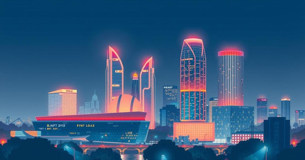 Bengaluru skyline representing a global tech hub with vibrant city lights and modern buildings, showcasing innovation.