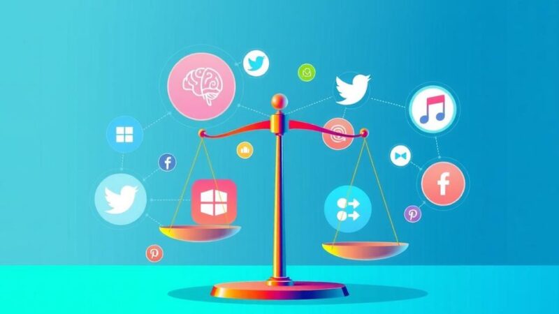 An abstract representation of AI and social media regulation featuring interconnected digital icons and a balanced scale.
