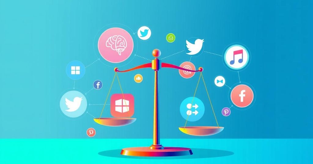 An abstract representation of AI and social media regulation featuring interconnected digital icons and a balanced scale.