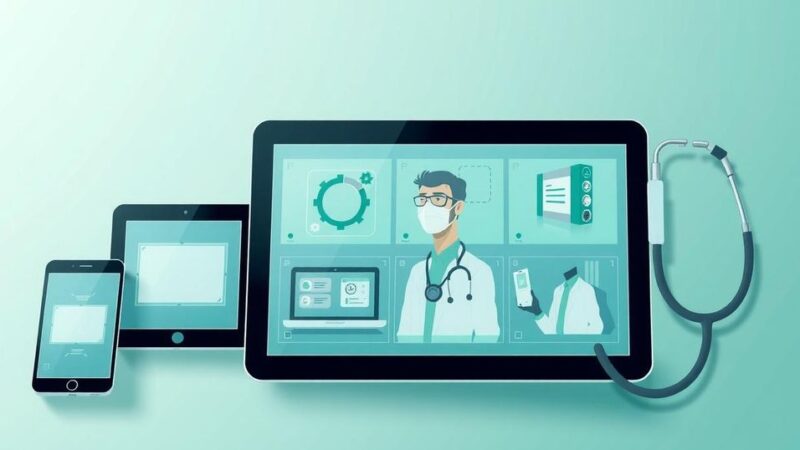 Automated digital healthcare technology concept with tools and telehealth motifs in soft green and blue colors.