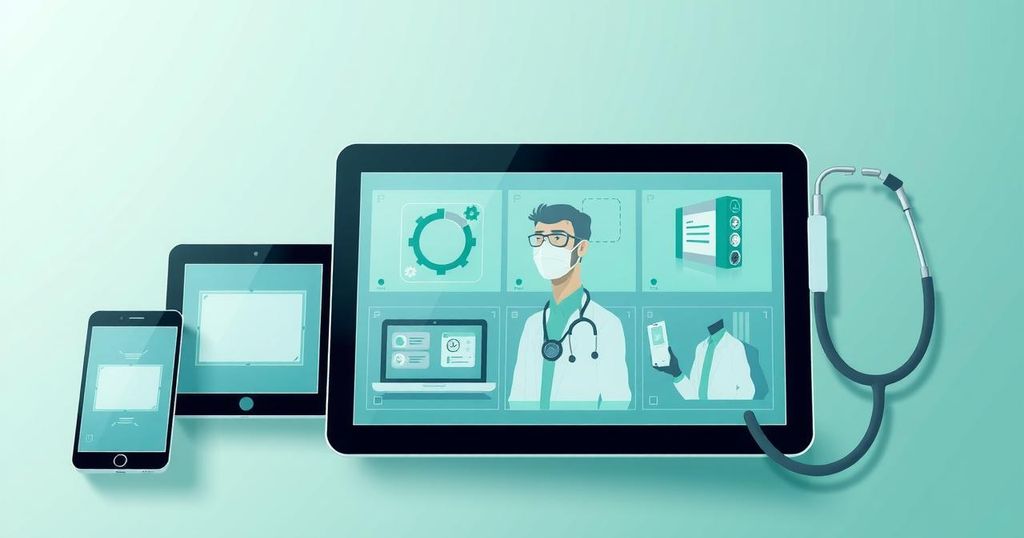 Automated digital healthcare technology concept with tools and telehealth motifs in soft green and blue colors.