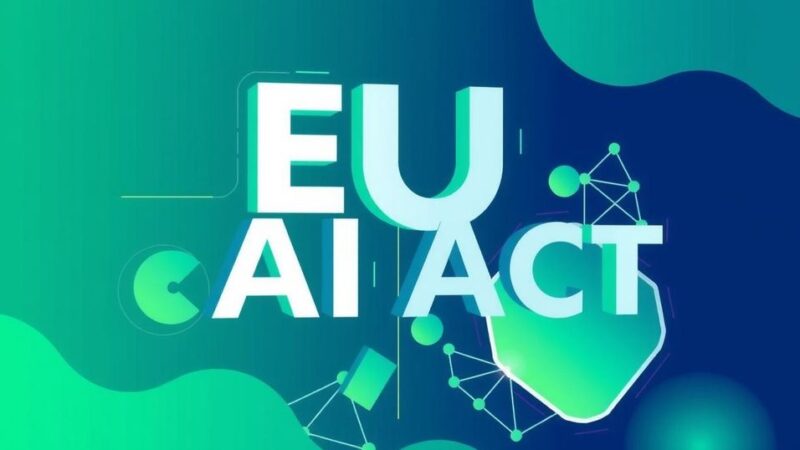 Illustration of EU AI Act symbolizing transparency and innovation with abstract tech elements and a green-blue color palette.