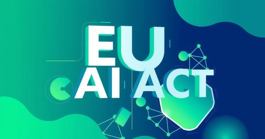 Illustration of EU AI Act symbolizing transparency and innovation with abstract tech elements and a green-blue color palette.