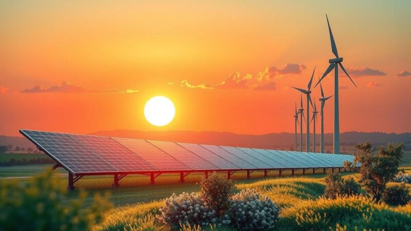 A conceptual landscape illustrating the contrast between AI technology and nature, focusing on clean energy advancements.