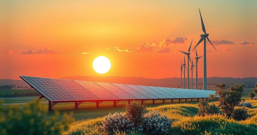 A conceptual landscape illustrating the contrast between AI technology and nature, focusing on clean energy advancements.