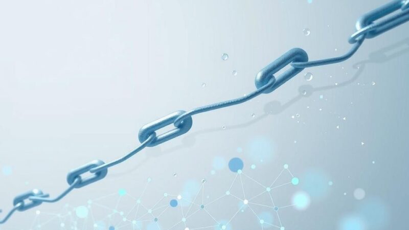 A symbolic representation of blockchain technology, featuring interconnected chains against a muted gray background with hints of digital patterns.