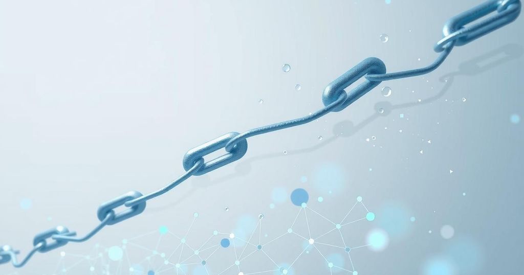 A symbolic representation of blockchain technology, featuring interconnected chains against a muted gray background with hints of digital patterns.