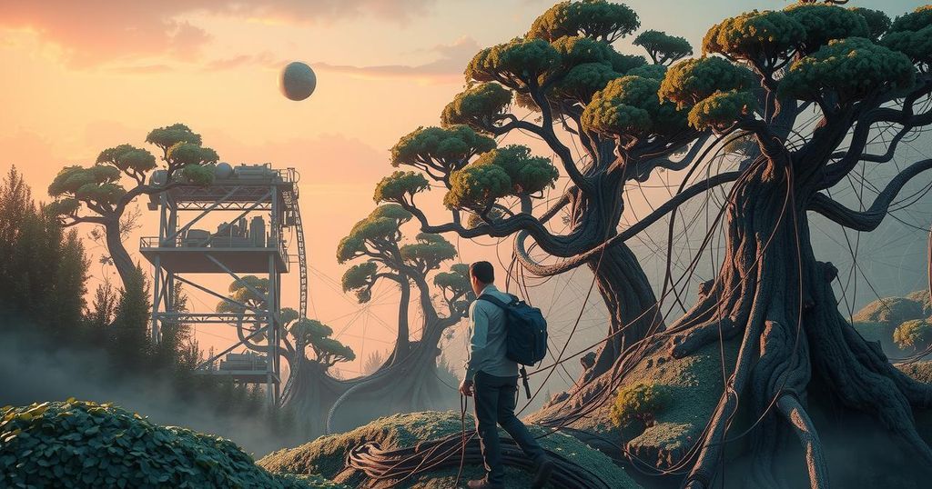 A conceptual illustration showing a digital landscape struggling with technology's dominance over thought and creativity.