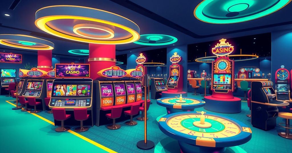 A digital artwork showcasing a crypto casino theme with vibrant colors and slot machines, reflecting exciting online gaming.