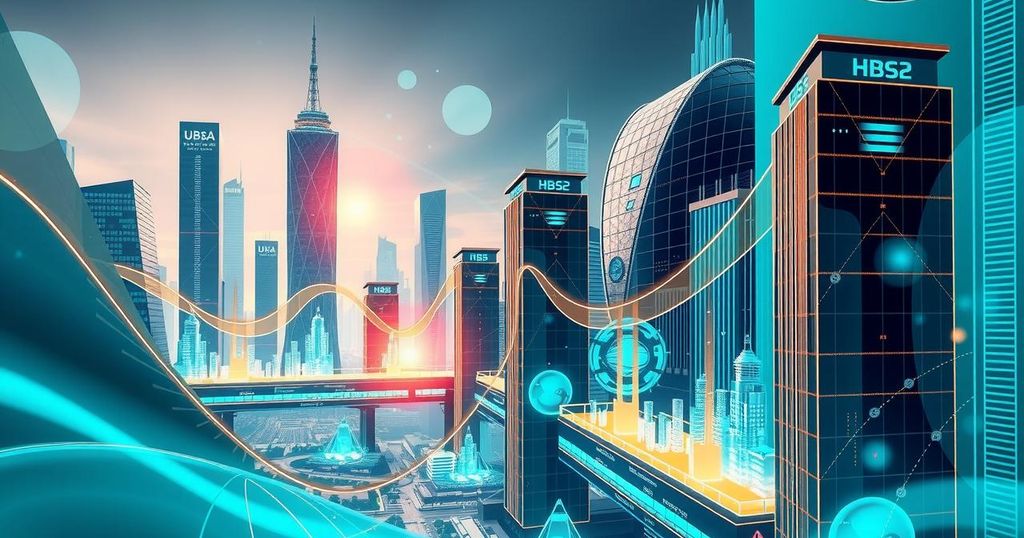 Abstract representation of Generative AI growth in finance, with a futuristic digital city landscape and vibrant color scheme.