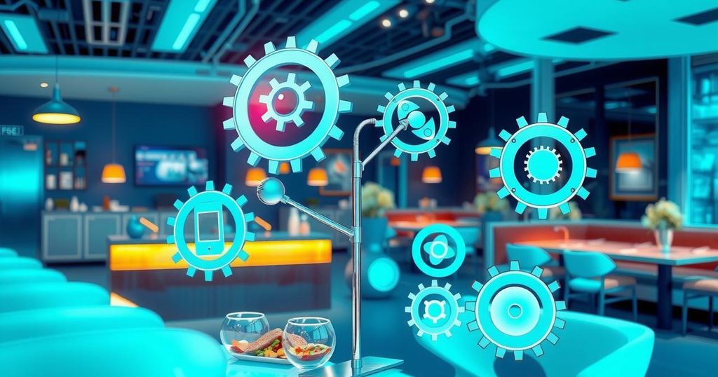 A vibrant digital artwork showcasing AI technology in restaurant settings with a futuristic design.