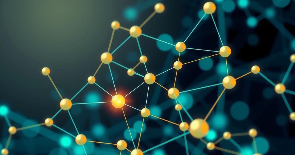 An abstract representation of blockchain technology with interconnected nodes and vibrant colors.