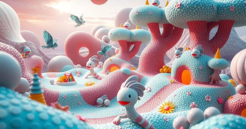 A surreal landscape with computer-generated imagery showcasing fantastical creatures and settings