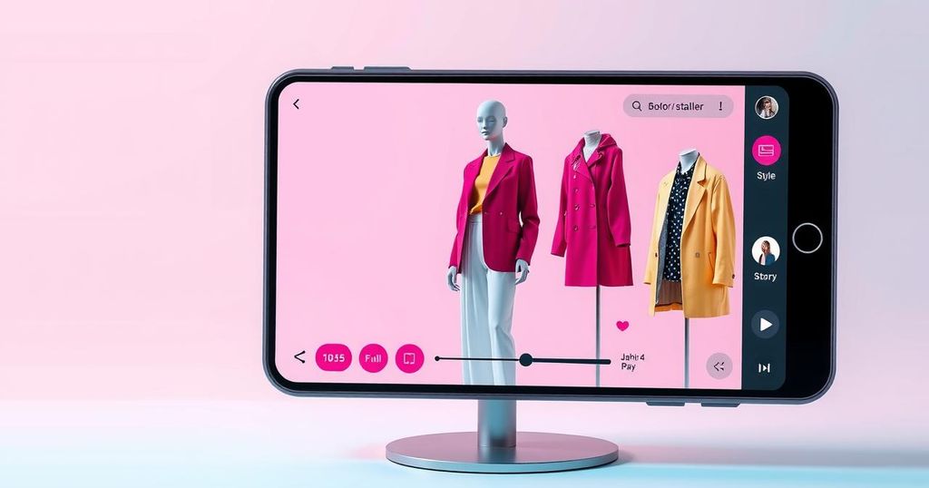 A virtual styling app showcasing outfits on a body model with animated clothing, emphasizing AI technology in fashion.