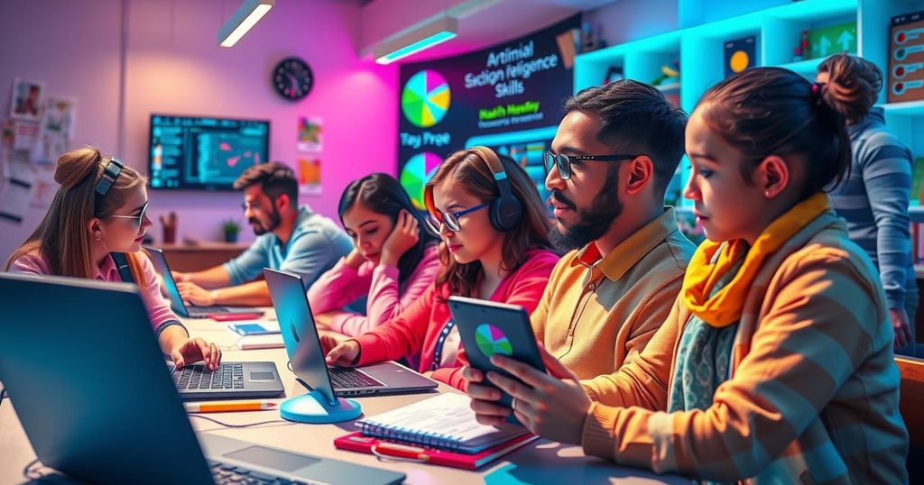 A classroom scene illustrating artificial intelligence learning, featuring vibrant colors and modern educational tools.