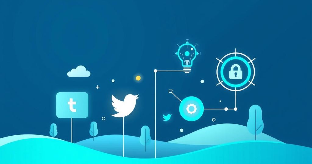 A modern digital landscape featuring AI elements and social media icons, in a contemporary flat design style with a cool color palette.