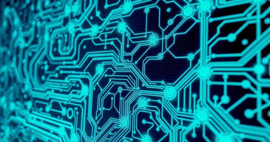 A detailed digital artwork depicting a complex A.I. circuit board, with glowing nodes in blue and green tones.