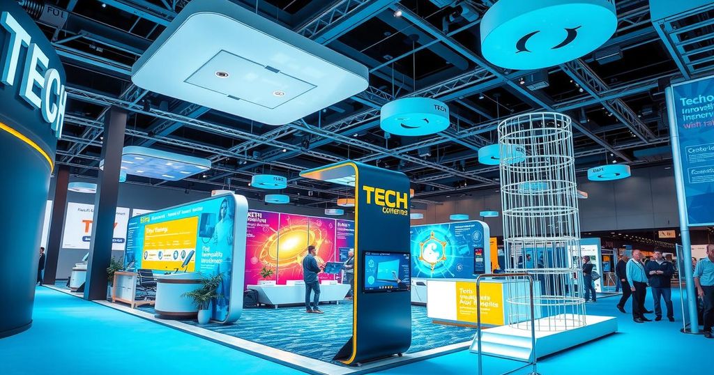A vibrant tech conference scene featuring modern booths and digital displays in a bustling environment.