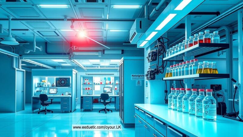 A futuristic lab with advanced biotech equipment and ingredients, featuring vibrant colors and modern design.