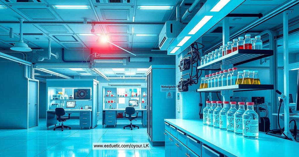 A futuristic lab with advanced biotech equipment and ingredients, featuring vibrant colors and modern design.