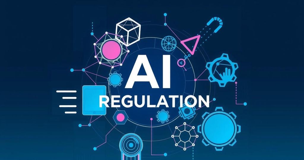 AI regulation concept with abstract shapes, tech motifs, and a blue color scheme.