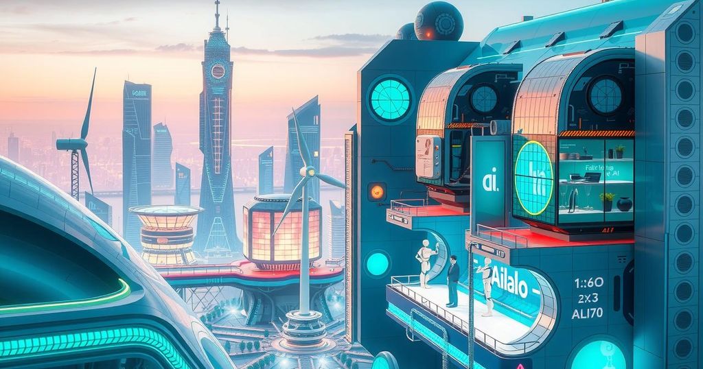 A vibrant depiction of futuristic technology landscapes showcasing innovation hubs, robotics, and energy solutions.