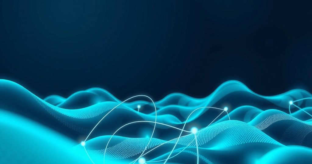 A digital landscape featuring an abstract representation of connectivity and technology in blue and green hues.