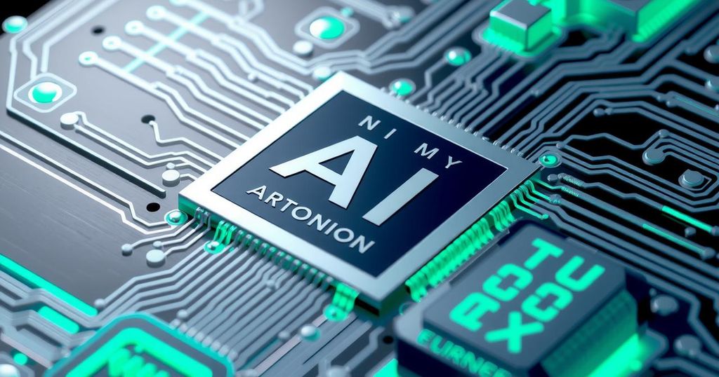 A futuristic AI chip representing technological innovation and advancement in computing.