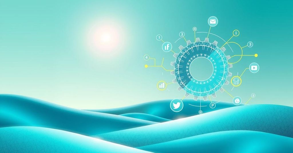 A conceptual scene depicting regulatory symbols over technology themes, showcasing AI and social media in a harmonious blend.