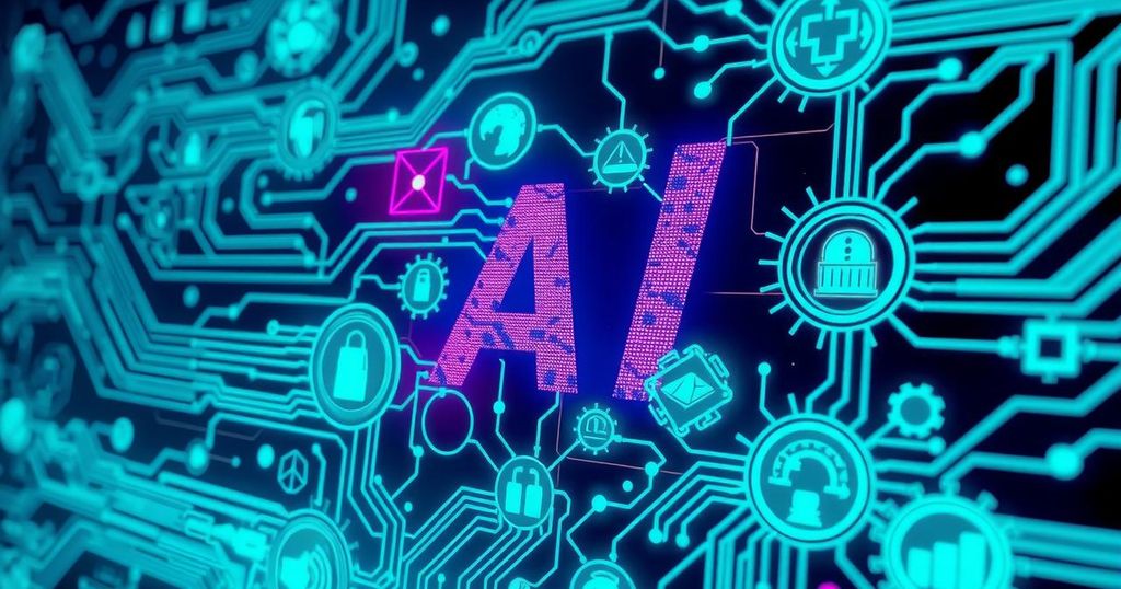 A futuristic technology scene depicting AI innovation with circuits and digital interfaces in vibrant blues and greens.