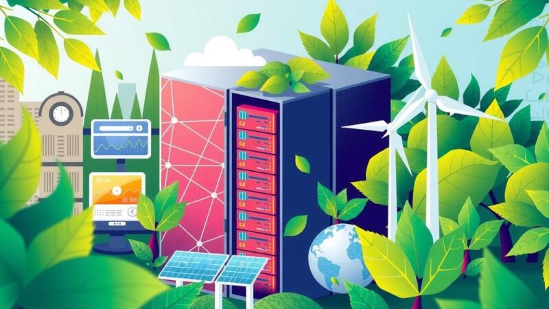 Illustration of eco-friendly IT devices and data centers with greenery, emphasizing green technology's benefits.