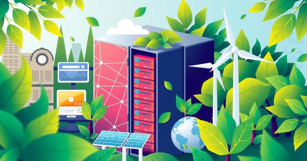 Illustration of eco-friendly IT devices and data centers with greenery, emphasizing green technology's benefits.