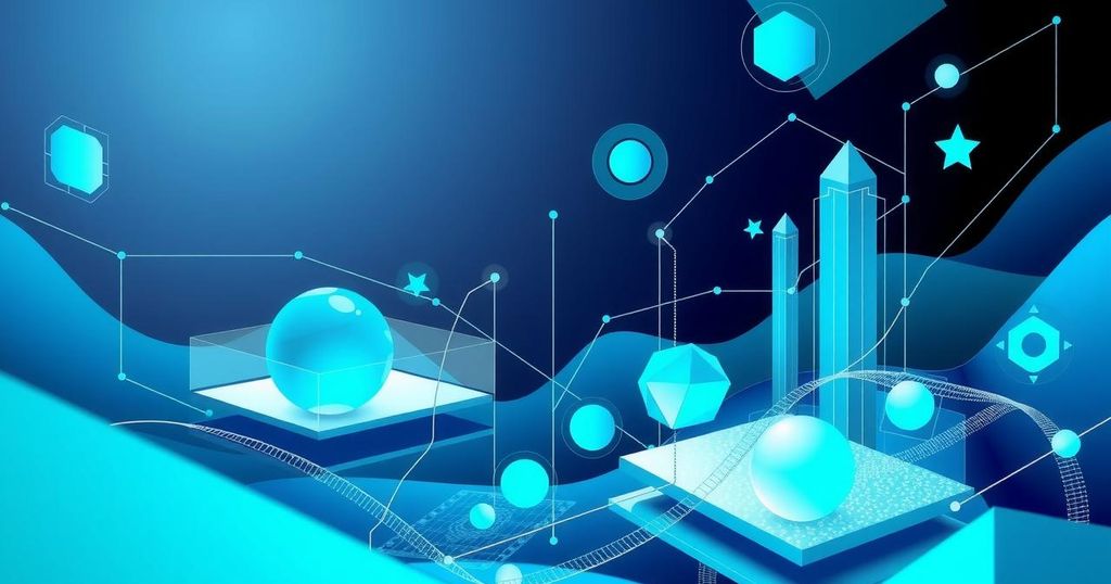 A sleek, modern digital landscape filled with geometric shapes, representing business automation with AI technologies.