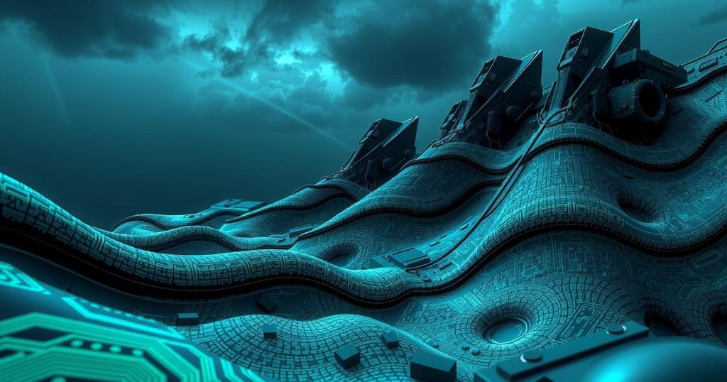 A conceptual representation of AI technology with military elements and circuit board patterns in dark colors.