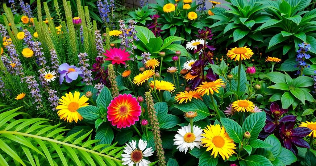 Lush green garden with diverse plants, showcasing nature's beauty in vibrant colors and intricate designs.