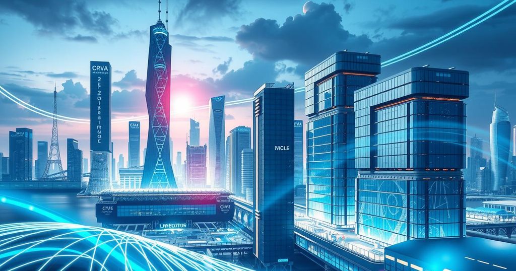 A futuristic city with streaming data lines, AI servers, and semiconductor factories, showcasing innovation and technology.