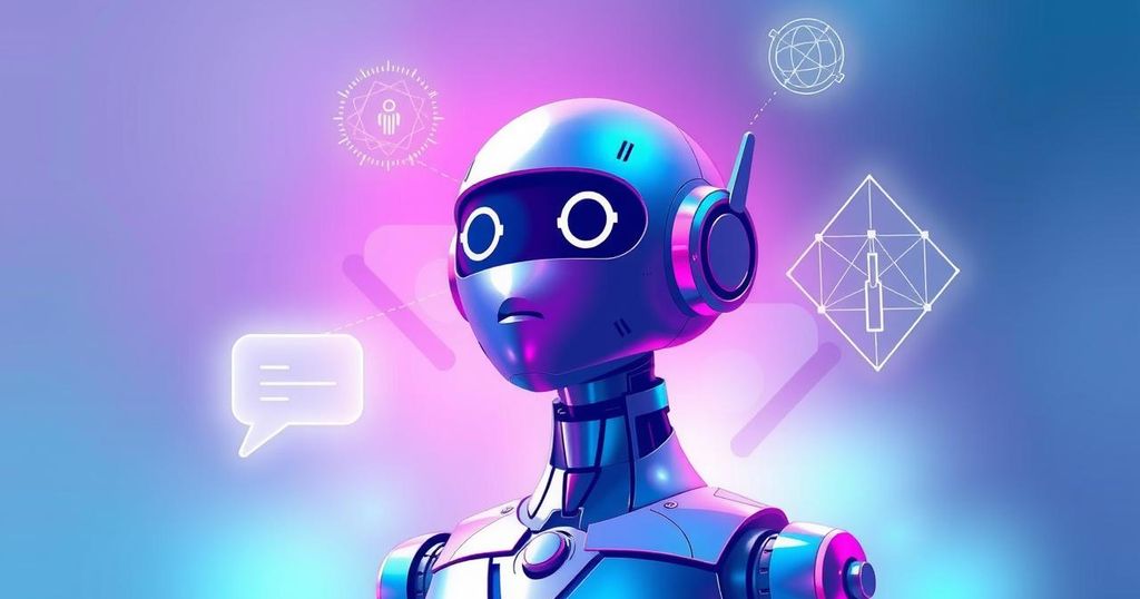 A digital representation of a chatbot interacting with abstract concept symbols like consciousness and discovery.