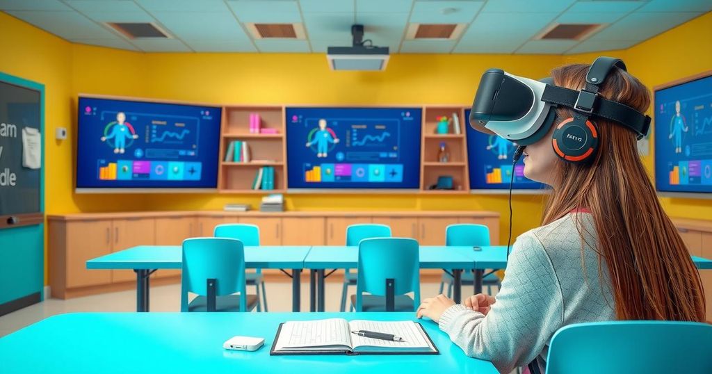 A futuristic classroom with AI tools helping students learn creatively using digital interfaces and VR experiences.