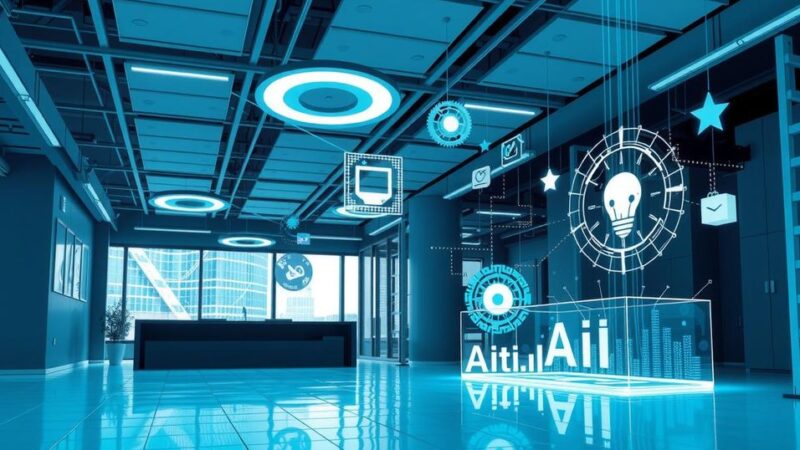 A digital representation of AI tools in the corporate environment, featuring abstract technology and business symbols in cool tones.
