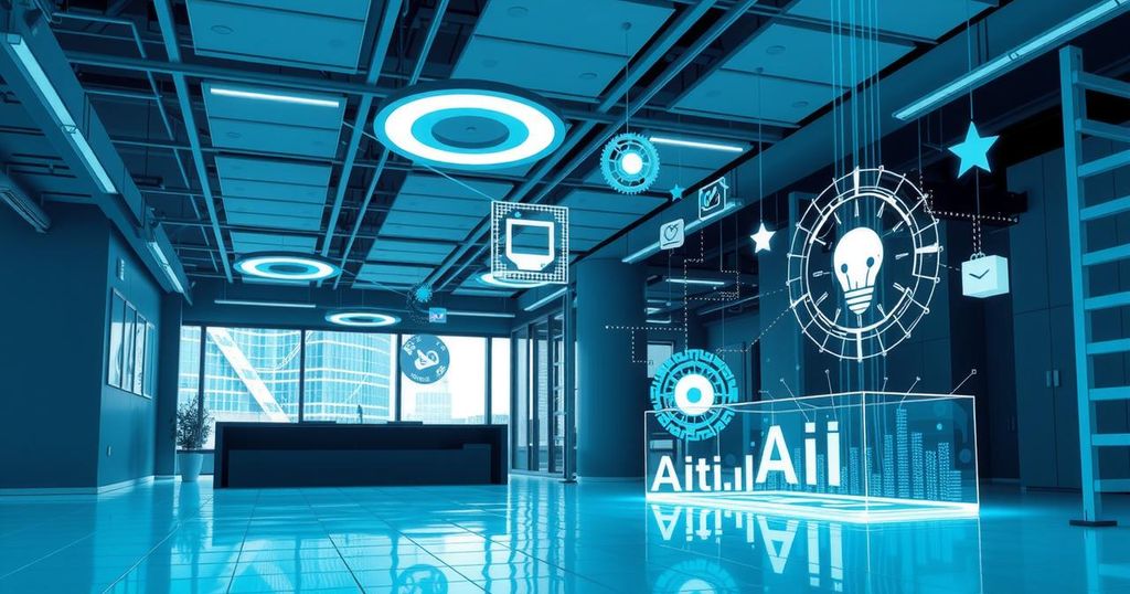 A digital representation of AI tools in the corporate environment, featuring abstract technology and business symbols in cool tones.