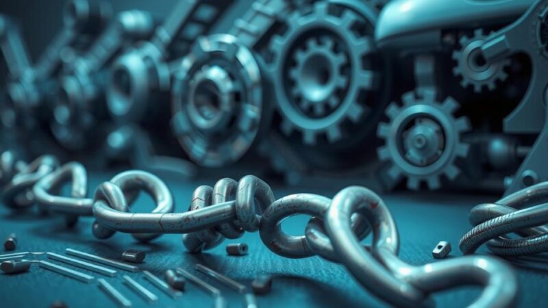 A symbolic representation of AI reshaping job markets, featuring a broken chain of traditional jobs and robotic elements.