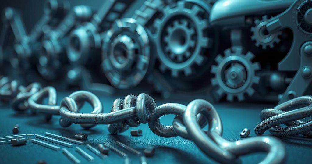 A symbolic representation of AI reshaping job markets, featuring a broken chain of traditional jobs and robotic elements.