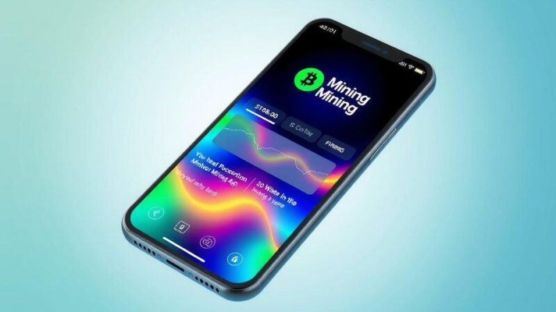 A futuristic smartphone displaying cryptocurrency mining app on a digital interface with vibrant colors.