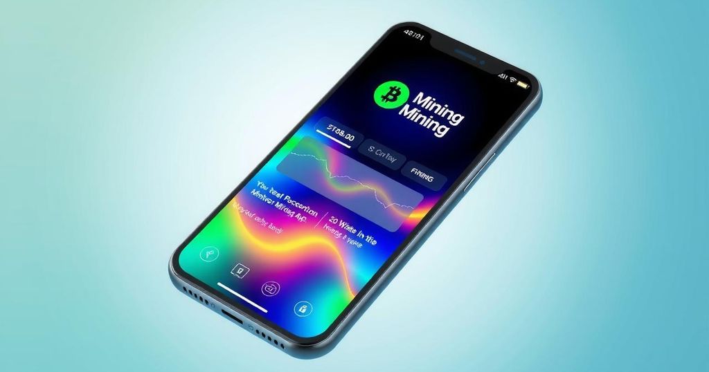 A futuristic smartphone displaying cryptocurrency mining app on a digital interface with vibrant colors.