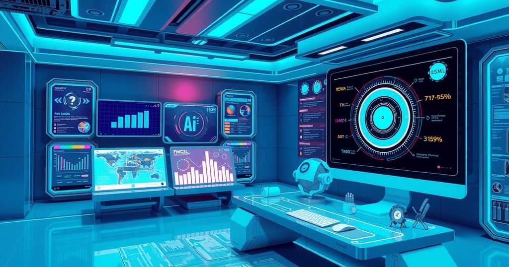 A futuristic AI interface showcases digital advertising tools, blending technology and creativity in vibrant colors.