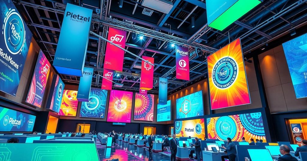 A vibrant conference scene showcasing technology innovation and leadership strategies in a modern venue.