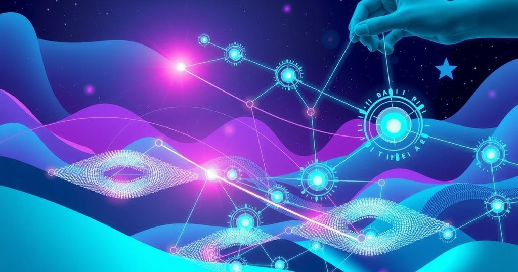 An abstract digital landscape depicting connections and AI technology in a collaborative environment.