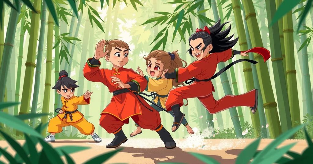 A dynamic scene of animated kung fu films revitalized by AI technology, showcasing vibrant colors and action-packed movements.