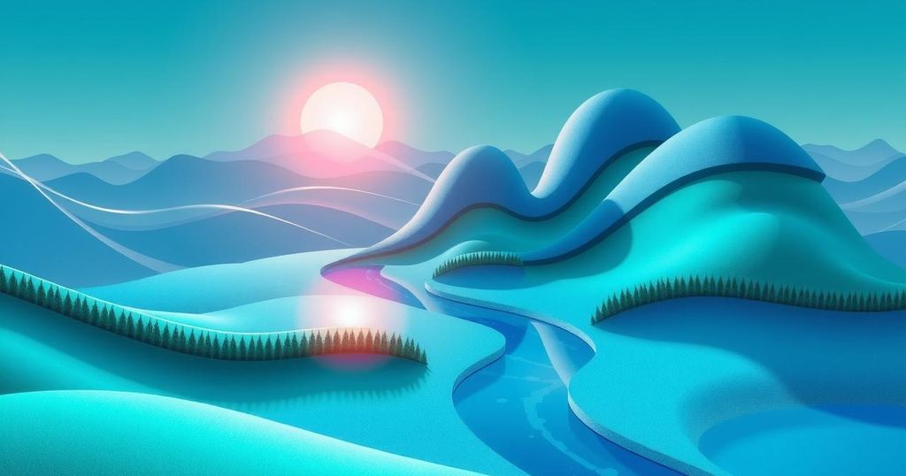 A serene landscape showcasing innovation in AI development with vivid colors in a digital art style.