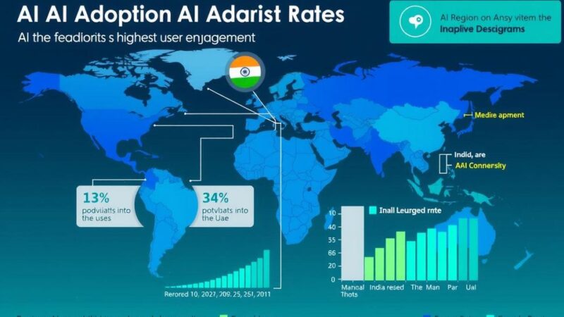 A visual representation of AI adoption statistics across businesses globally, showcasing growth trends and regions.